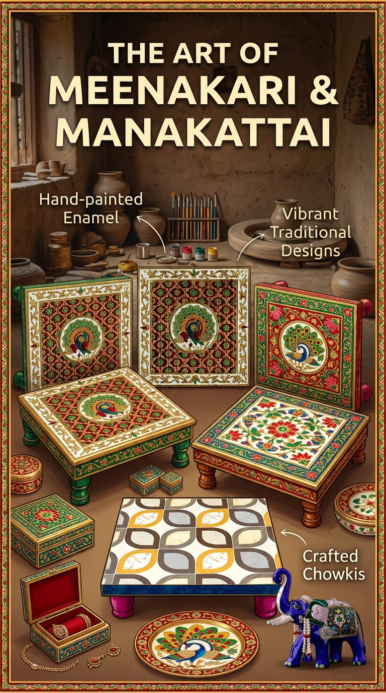 Handcrafted Meenakari Manakattai Wooden Chowki for Navratri Altar at C2 Sons