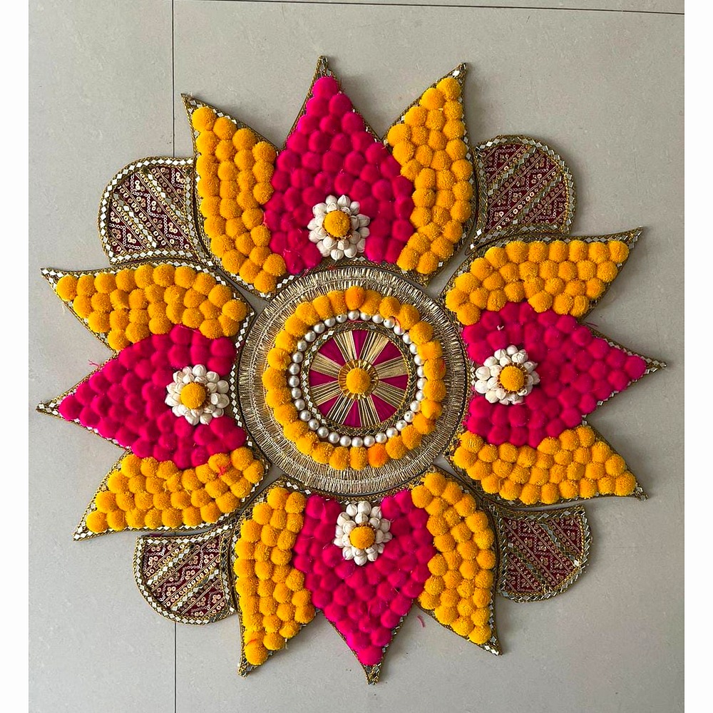 Handcrafted Lotus Pompom Rangoli Centerpiece